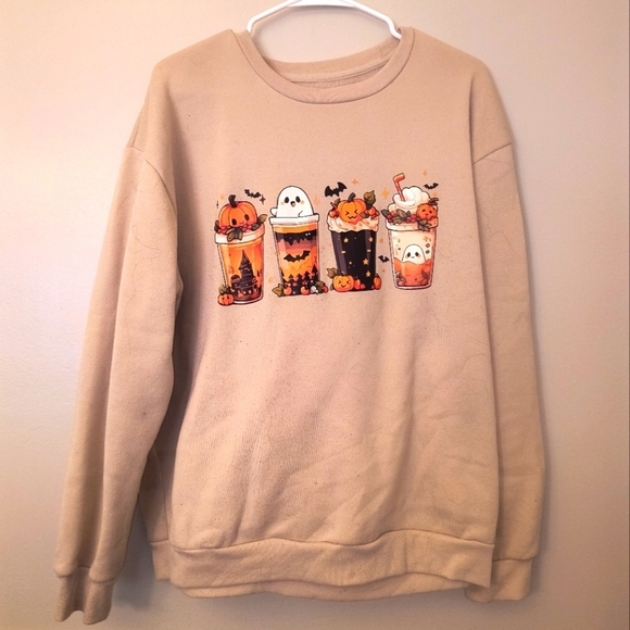 SHEIN Tops - Light Tan Pullover Halloween Starbucks Themed Coffee Ghost Spooky Pumpkin Bat